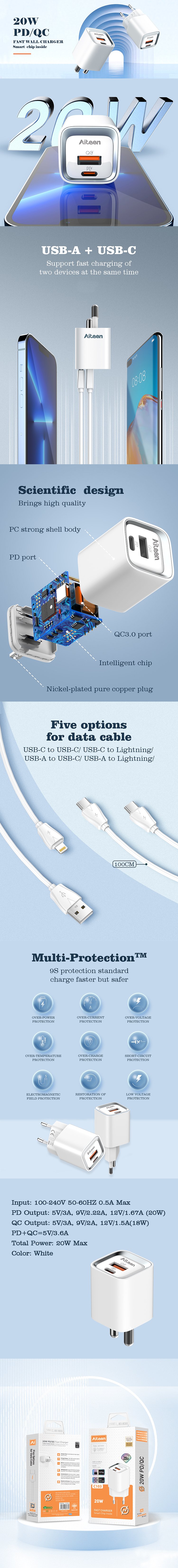 C103-C Fast  Charger 20W  PD/QC3.0 with Type-C Cable