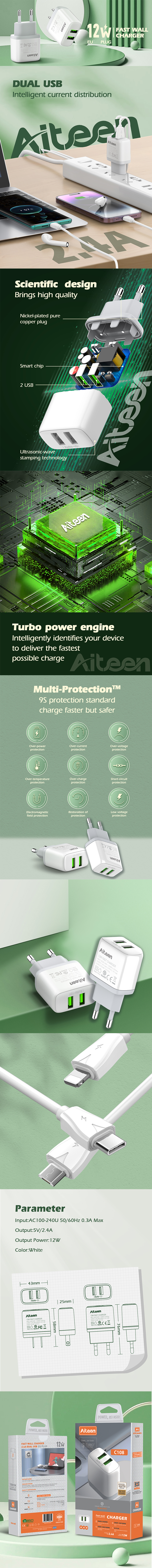 C108-C Charger 12W with Type-C Cable White Color