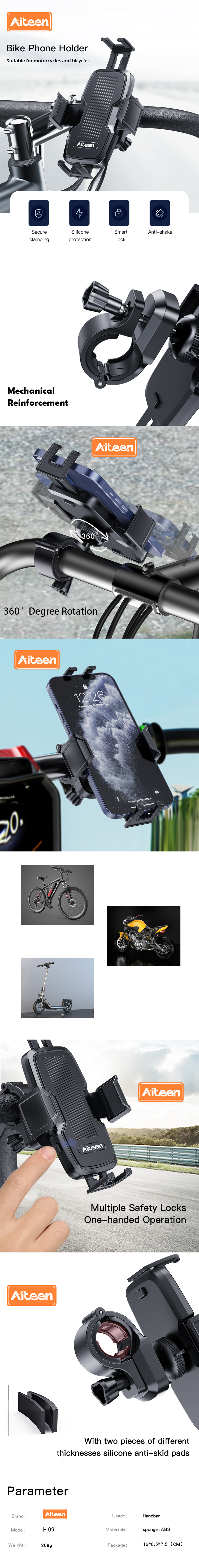 H09 Bicycle/ Motocycle Phone Holder / 4 sides clip holding