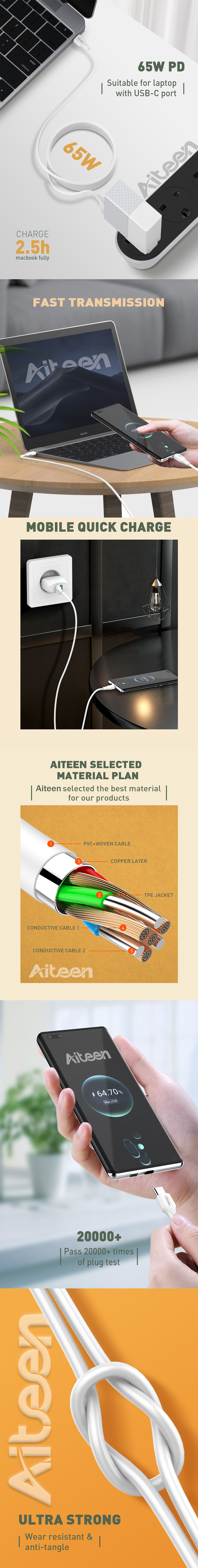 A02-CCW Type-C to Type-C Cable 2mm 65W Support PD and QC fast charging