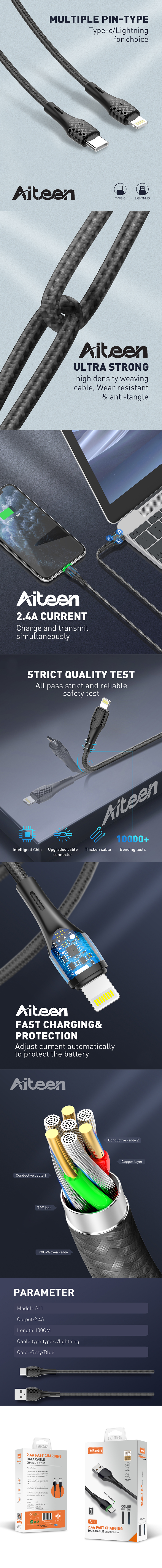 A11-CG Type-C Cable 1m  Fast Charging Grey Color