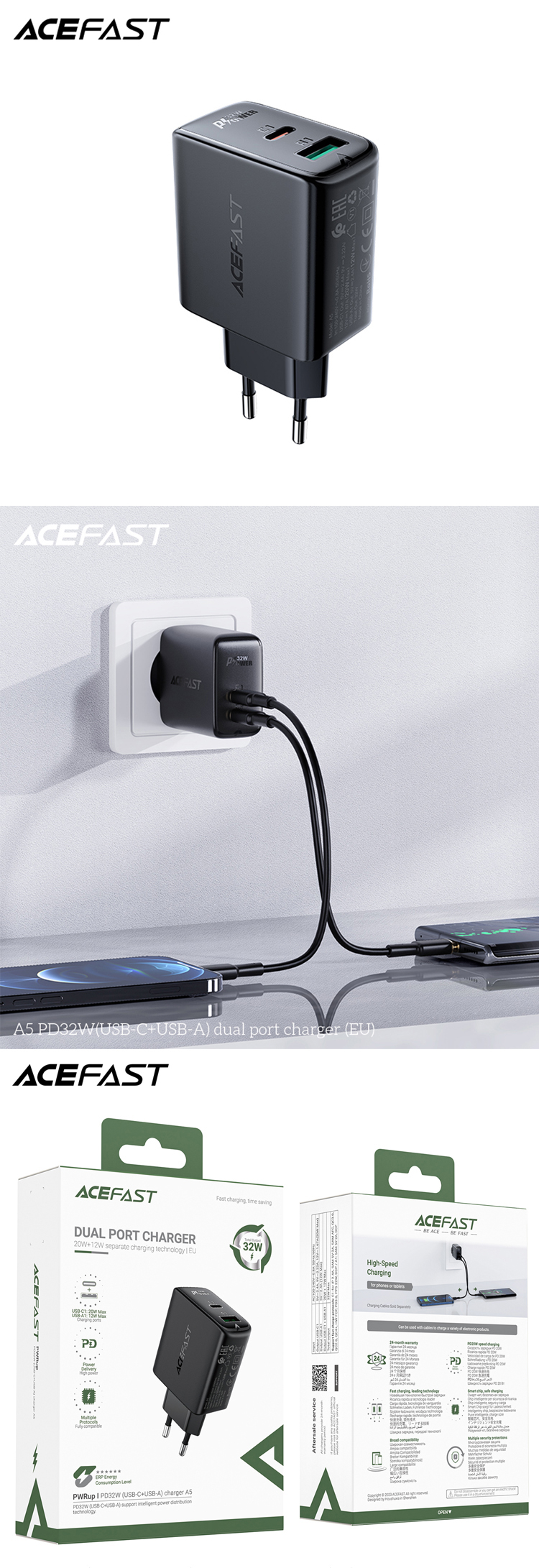 A5 PD32W(USB-C+USB-A) dual port charger (EU) Black