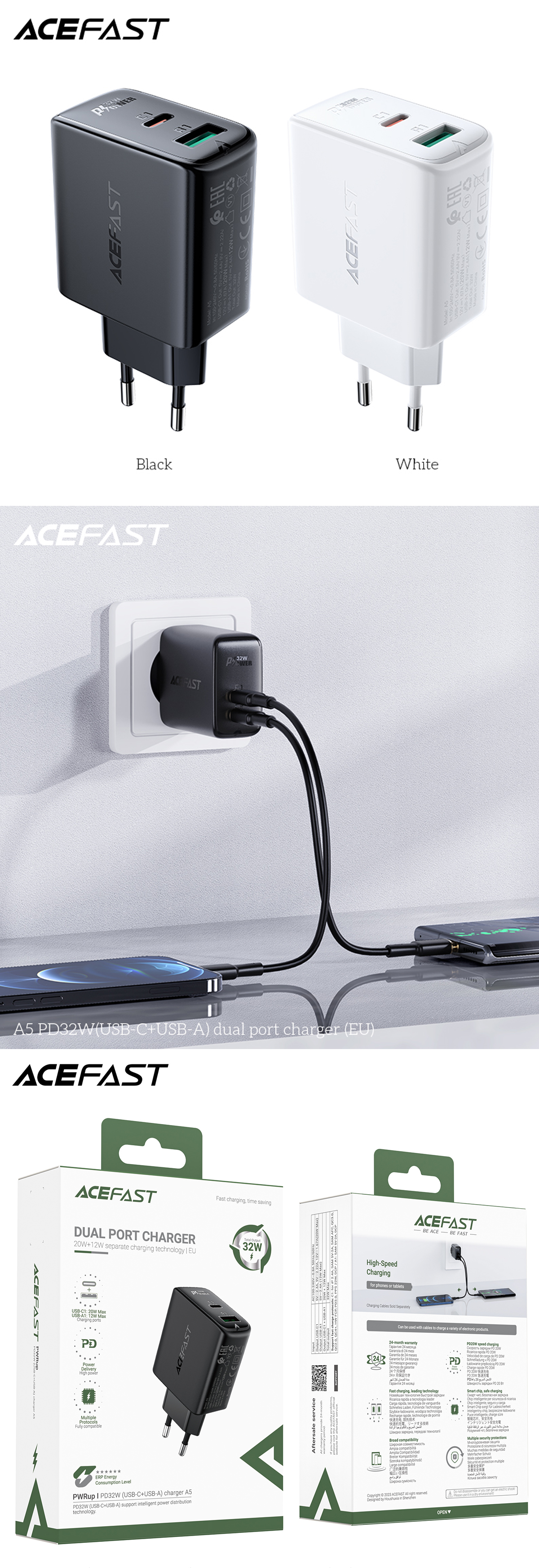 A5 PD32W(USB-C+USB-A) dual port charger (EU) Black