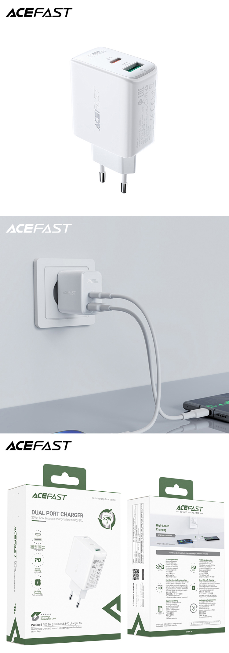 A5 PD32W(USB-C+USB-A) Dual Port Charger White