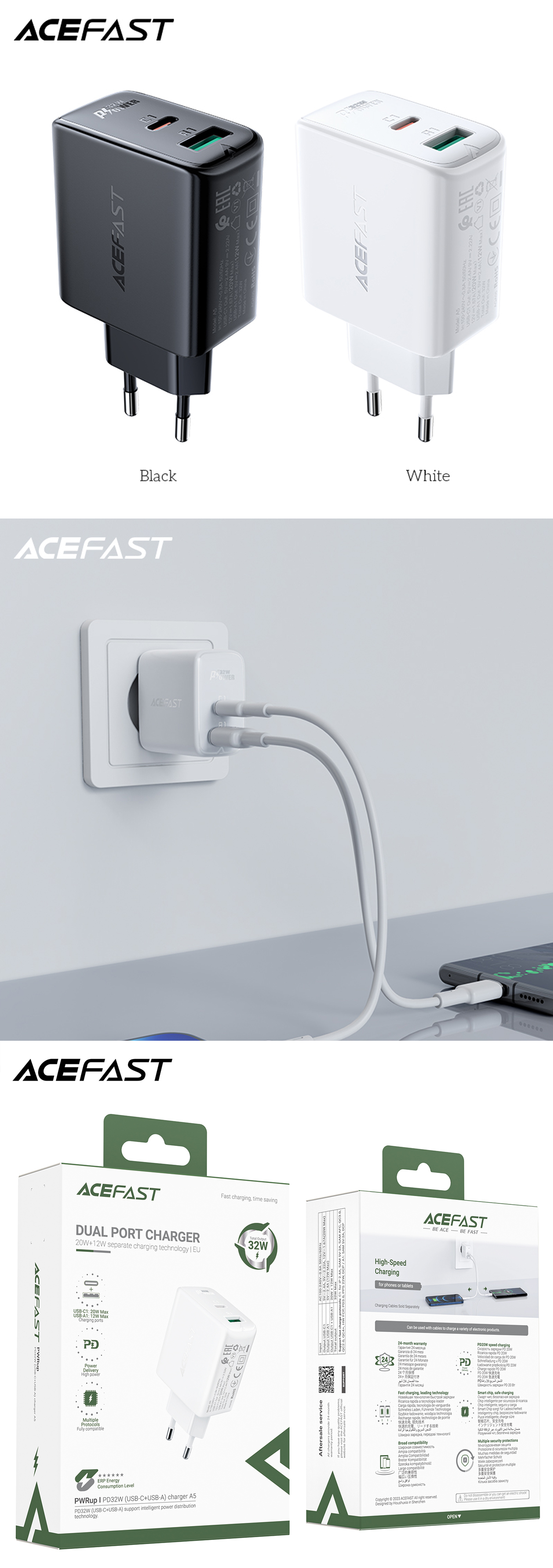 A5 PD32W(USB-C+USB-A) Dual Port Charger White