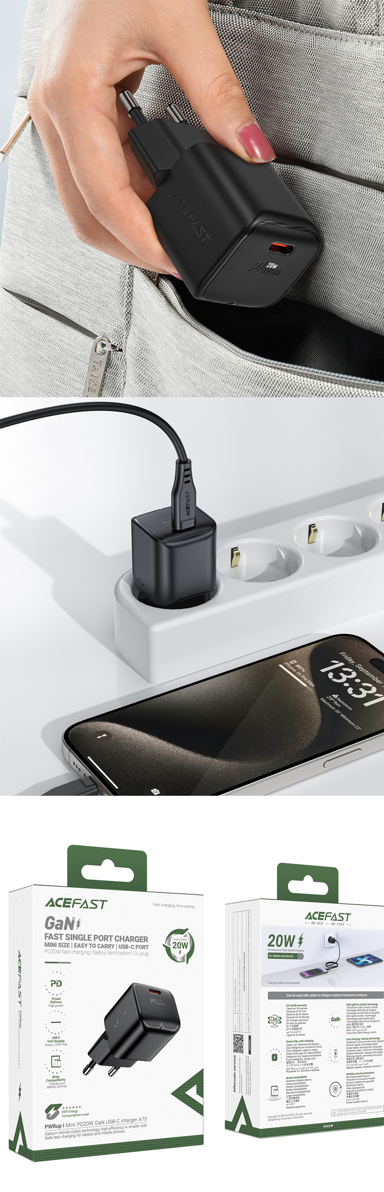 A73 Mini PD20W GaN USB-C Charger Black