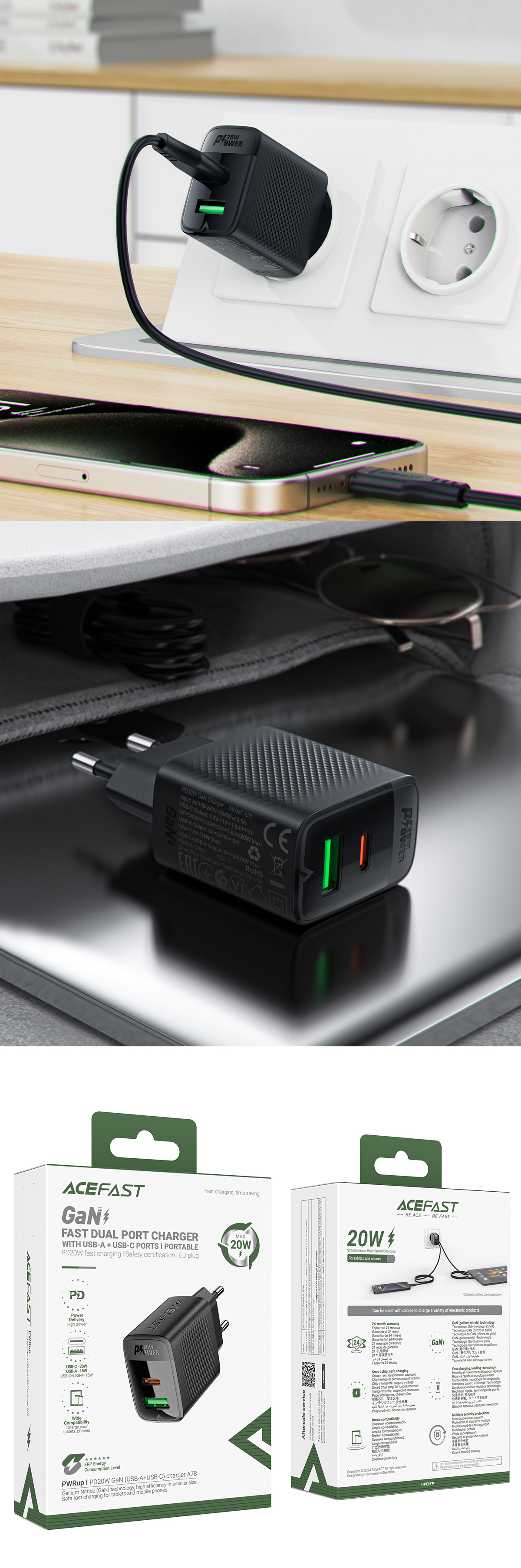 A78 PD20W GaN (USB-A+USB-C) Charger (EU) Black