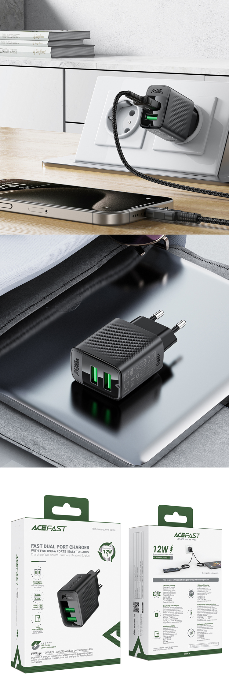 A86 12W (USB-A+USB-A) Dual Port Charger Black