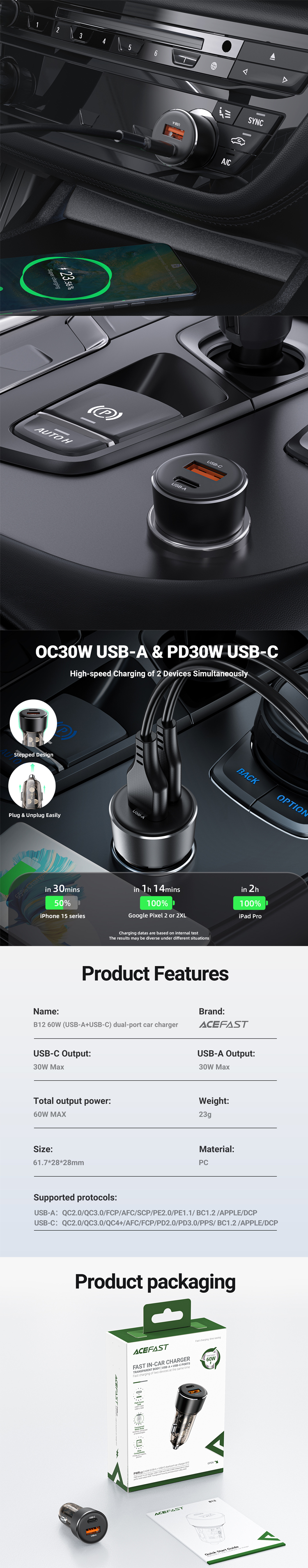 B12 60W (USB-A+USB-C) Dual-Port Car Charger Black