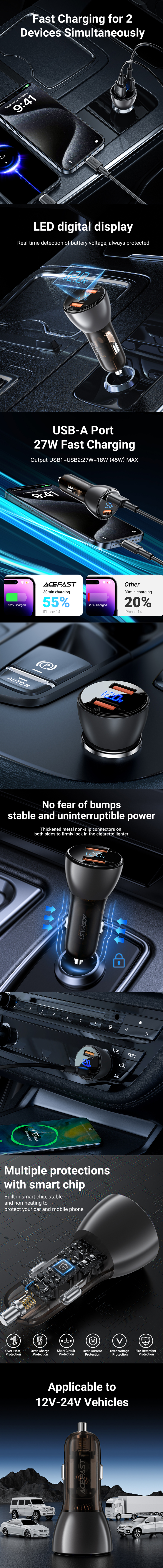 B7 Metal Car Charger 45W(USB-A+USB-A) With Digital Display Transparent Black