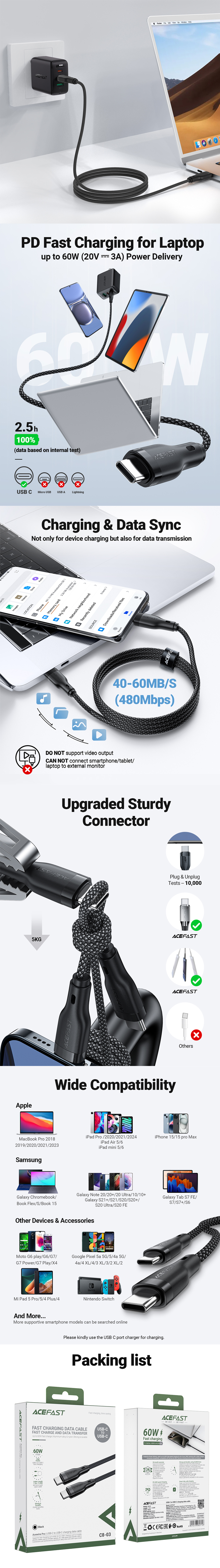 C8-03 USB-C To USB-C Charging Data Cable Black