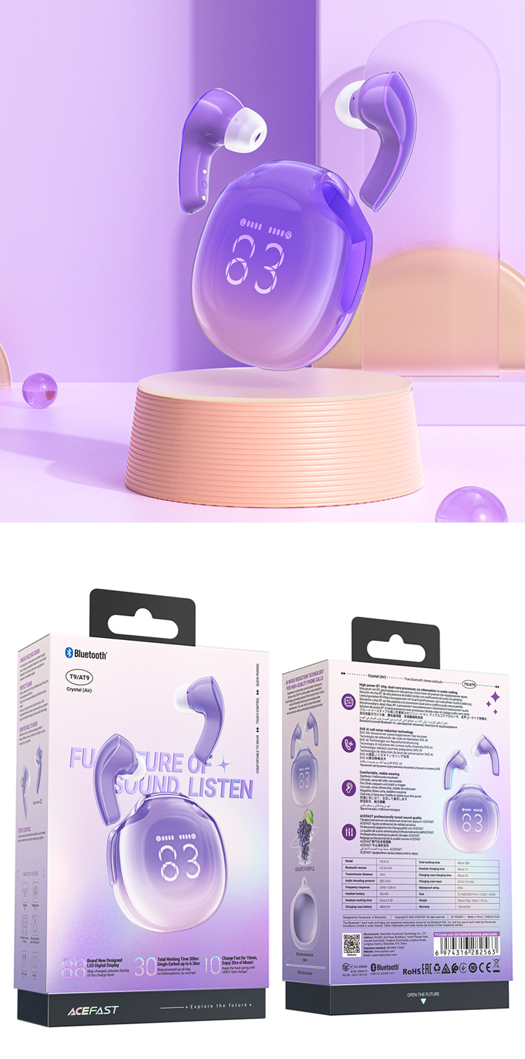 T9 Crystal (Air) Color Bluetooth Earphone Purple