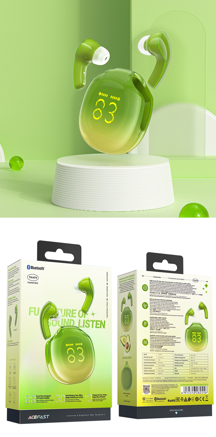 T9 Crystal (Air) Color Bluetooth Earphone Green