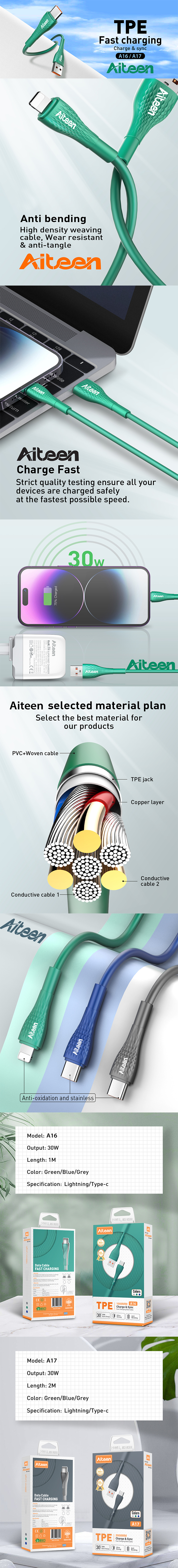 A16-CGN Type-C Data Cable 1m 30W Fast Charging Green Color